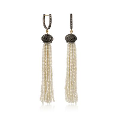 2-2.5mm Pearl and Diamond Tassel Earrings in Two-Tone &mdash; Alt Image 3