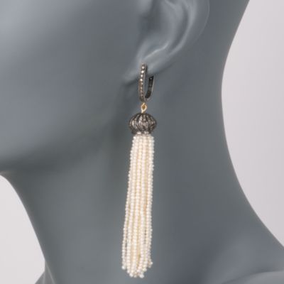 2-2.5mm Pearl and Diamond Tassel Earrings in Two-Tone &mdash; Alt Image 2
