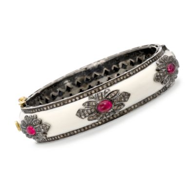3.75 ct. t.w. Pink Tourmaline and 3.90 ct. t.w. Natural Diamond Enamel Bangle In Sterling Silver &mdash; Alt Image 1