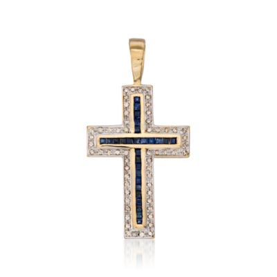 C. 1980. Vintage 2.00 ct. t.w. Sapphire and .75 ct.T .W. Diamond Cross Pendant In 14kt Yellow Gold &mdash; Alt Image 1