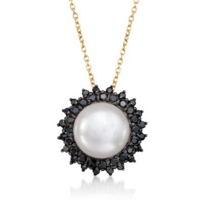 12mm Pearl and 1.00 ct. t.w. Black CZ Drop Necklace in 14kt Gold Over Sterling Silver &mdash; Alt Image 1