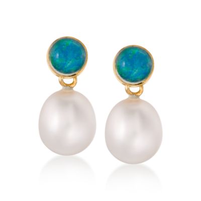 8-9mm Pearl and Opal Drop Earrings in 18kt Yellow Gold Over Sterling Silver &mdash; Alt Image 1