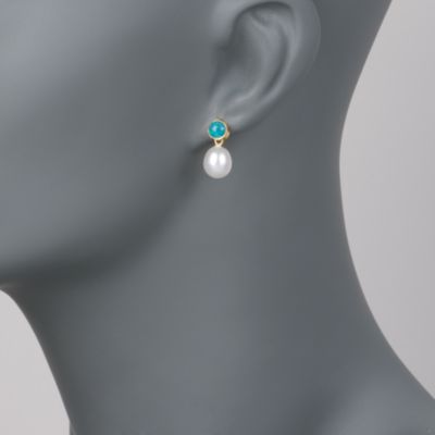 8-9mm Pearl and Opal Drop Earrings in 18kt Yellow Gold Over Sterling Silver &mdash; Alt Image 2