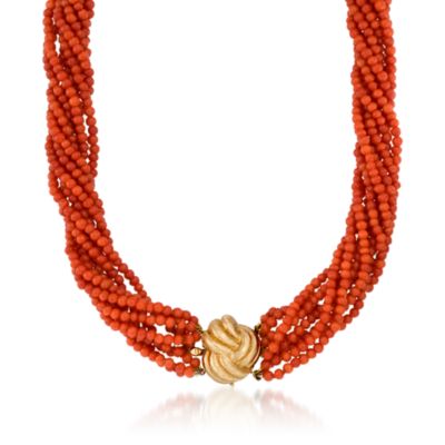 C. 1980 Vintage Red Coral Torsade Necklace in 14kt Yellow Gold. 17.5" &mdash; Alt Image 1