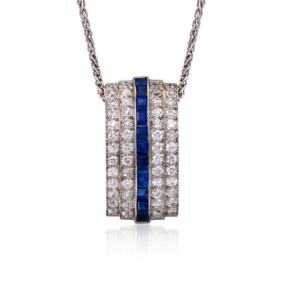 C. 1950 Vintage 2.00 ct. t.w. Diamond and 1.50 ct. t.w. Sapphire Pendant Necklace In Platinum. 15" &mdash; Alt Image 1