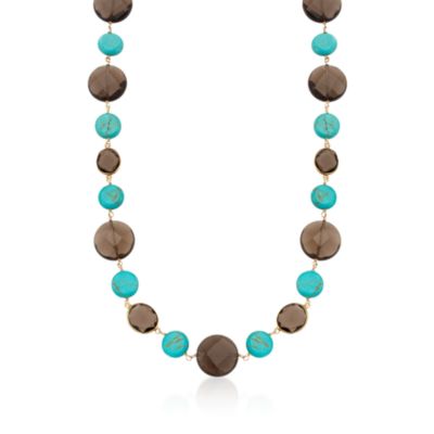 125.00 ct. t.w. Smoky Quartz and Turquoise Necklace in 14kt Yellow Gold and Vermeil. 16" &mdash; Alt Image 1