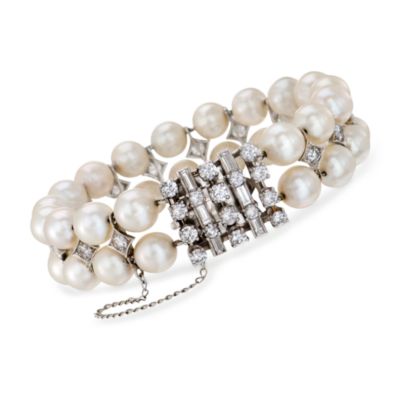 C. 1950. Vintage 8-8.5mm Cultured Pearl and 6.10 ct. t.w. Diamond Bracelet in Platinum. 7.75" &mdash; Alt Image 1