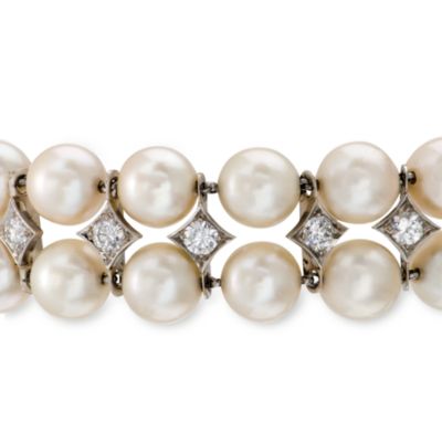 C. 1950. Vintage 8-8.5mm Cultured Pearl and 6.10 ct. t.w. Diamond Bracelet in Platinum. 7.75" &mdash; Alt Image 3