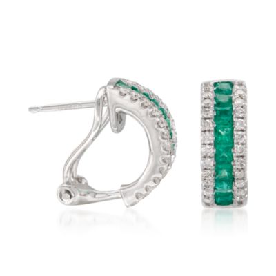 .65 ct. t.w. Emerald and .30 ct. t.w. Diamond Hoop Earrings in 14kt White Gold   &mdash; Alt Image 1