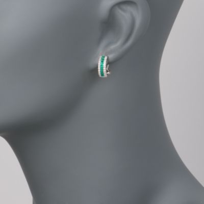 .65 ct. t.w. Emerald and .30 ct. t.w. Diamond Hoop Earrings in 14kt White Gold   &mdash; Alt Image 2
