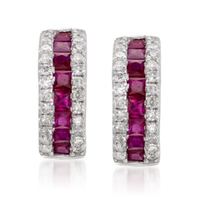 1.10 ct. t.w. Ruby and .30 ct. t.w. Diamond Hoop Earrings in 14kt White Gold &mdash; Alt Image 1