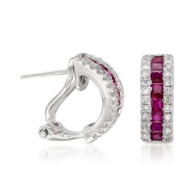 1.10 ct. t.w. Ruby and .30 ct. t.w. Diamond Hoop Earrings in 14kt White Gold &mdash; Alt Image 3