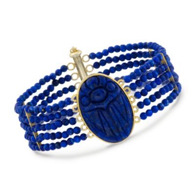 Multi-Strand Lapis Bead Bracelet With Scarab Centerpiece in 14kt Gold Over Sterling. 8.5" &mdash; Alt Image 1