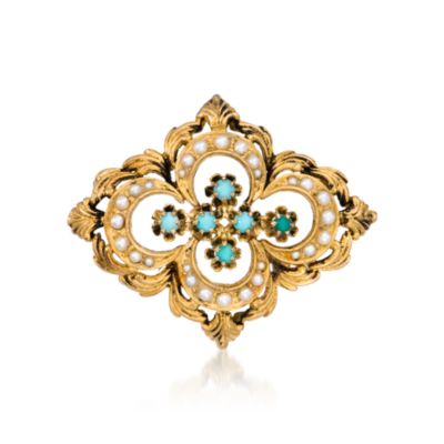 C. 1990 Vintage 1-1.5mm Cultured Pearl and Turquoise Pin Pendant In 14kt Yellow Gold &mdash; Alt Image 1