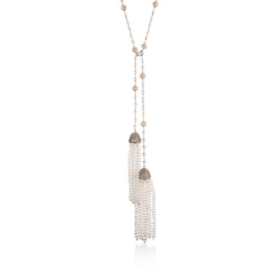 Pearl and Rock Crystal Quartz Tassel Necklace With White Topaz in Sterling Silver. 36" &mdash; Alt Image 1