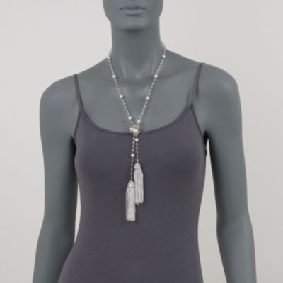 Pearl and Rock Crystal Quartz Tassel Necklace With White Topaz in Sterling Silver. 36" &mdash; Alt Image 2