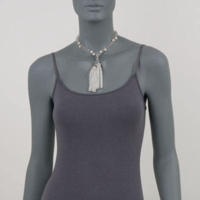 Pearl and Rock Crystal Quartz Tassel Necklace With White Topaz in Sterling Silver. 36" &mdash; Alt Image 3