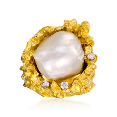 C. 1980 Vintage 13.5mm South Sea Pearl and .15 ct. t.w. Diamond Ring In 18kt Yellow Gold. Size 8 &mdash; Alt Image 1