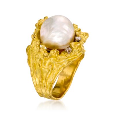 C. 1980 Vintage 13.5mm South Sea Pearl and .15 ct. t.w. Diamond Ring In 18kt Yellow Gold. Size 8 &mdash; Alt Image 3