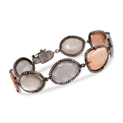Moonstone Slice Bracelet With 1.50 ct. t.w. Natural Diamonds In Sterling Silver. 7.5" &mdash; Alt Image 1