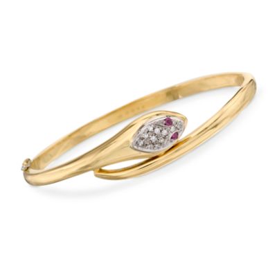 C. 1990 Vintage .10 ct. t.w. Ruby and .20 ct. t.w. Diamond Snake Bangle Bracelet In 18kt Yellow Gold. 6.5" &mdash; Alt Image 1
