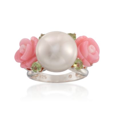 Pearl and Coral Flower Ring With .80 ct. t.w. Peridot in Sterling Silver &mdash; Alt Image 1