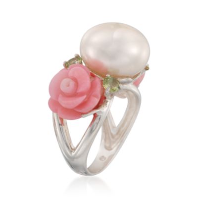 Pearl and Coral Flower Ring With .80 ct. t.w. Peridot in Sterling Silver &mdash; Alt Image 3