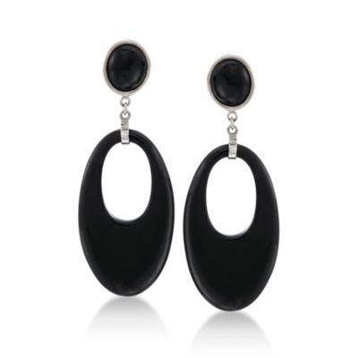Black Agate Oval Earrings in Sterling Silver &mdash; Alt Image 1