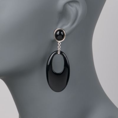 Black Agate Oval Earrings in Sterling Silver &mdash; Alt Image 2