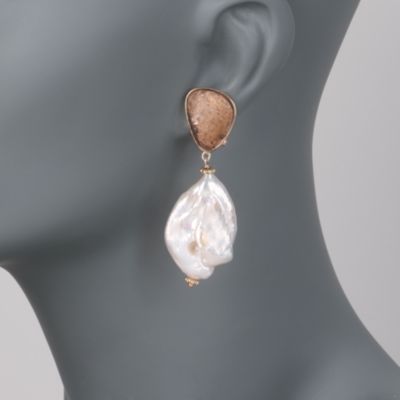 Pyrite and Baroque Pearl Drop Earrings in Vermeil &mdash; Alt Image 2