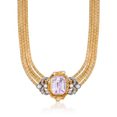 C. 1940 Vintage 26.25 Carat Kunzite and 2.00 ct. t.w. Diamond Necklace in 18kt Yellow Gold. 16" &mdash; Alt Image 1