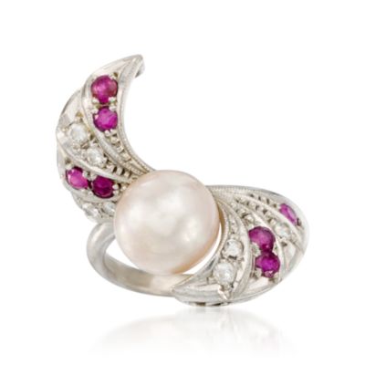 C. 1960 Vintage .55 ct. t.w. Multi-Gem and 8mm Cultured Pearl Ring in 14kt White Gold &mdash; Alt Image 1