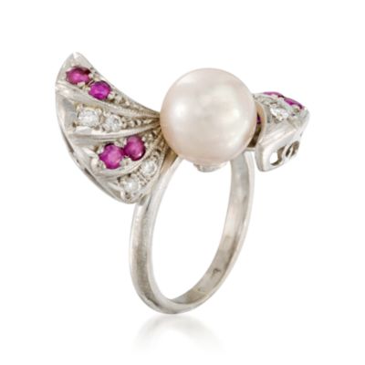 C. 1960 Vintage .55 ct. t.w. Multi-Gem and 8mm Cultured Pearl Ring in 14kt White Gold &mdash; Alt Image 2