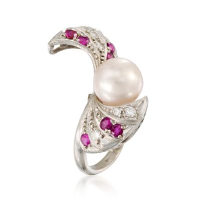 C. 1960 Vintage .55 ct. t.w. Multi-Gem and 8mm Cultured Pearl Ring in 14kt White Gold &mdash; Alt Image 3