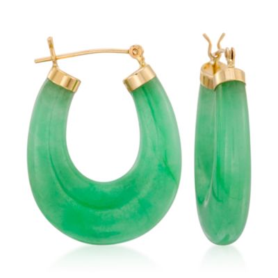Green Jade Hoop Earrings in 14kt  Yellow Gold &mdash; Alt Image 1