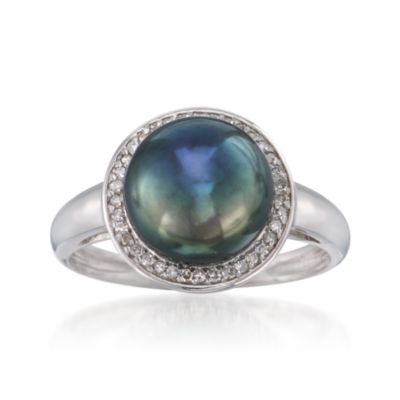 9.5-10mm Black Pearl and .10 ct. t.w. Diamond Ring in 14kt White Gold &mdash; Alt Image 1