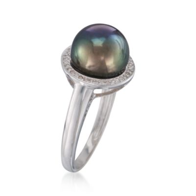 9.5-10mm Black Pearl and .10 ct. t.w. Diamond Ring in 14kt White Gold &mdash; Alt Image 3
