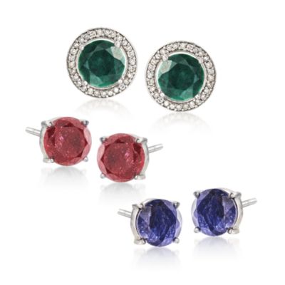 3-Pair Set of 26.00 ct. t.w. Multi-Gem Earrings With .40 ct. t.w. Diamond Earring Jackets in Sterling Silver &mdash; Alt Image 1