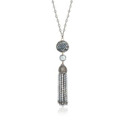 Moonstone and Pearl Tassel Necklace With 1.40 ct. t.w. Natural Diamonds in Two-Tone. 28" &mdash; Alt Image 1