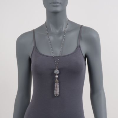 Moonstone and Pearl Tassel Necklace With 1.40 ct. t.w. Natural Diamonds in Two-Tone. 28" &mdash; Alt Image 2