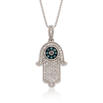 .28 ct. t.w. Blue, Black and White Diamond Hamsa Hand Necklace in Sterling Silver. 18" &mdash; Alt Image 1