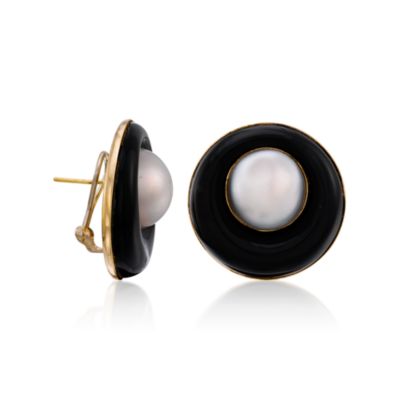 C. 1980 Vintage Vintage Black Onyx and 16mm Cultured Pearl Earrings In 14kt Yellow Gold &mdash; Alt Image 3