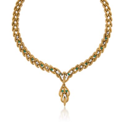 C. 1970. Vintage 1.00 ct. t.w. Diamond and .85 ct. t.w. Emerald Necklace in 18kt Yellow Gold. 16" &mdash; Alt Image 1