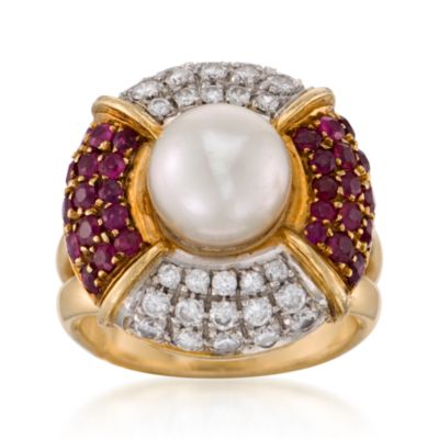 C. 1980. Vintage 9mm Cultured Pearl and 1.25 ct. t.w. Ruby Ring With .85 ct. t.w. Diamonds in 18kt Yellow Gold. Size 7 &mdash; Alt Image 1