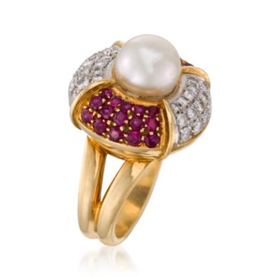 C. 1980. Vintage 9mm Cultured Pearl and 1.25 ct. t.w. Ruby Ring With .85 ct. t.w. Diamonds in 18kt Yellow Gold. Size 7 &mdash; Alt Image 3