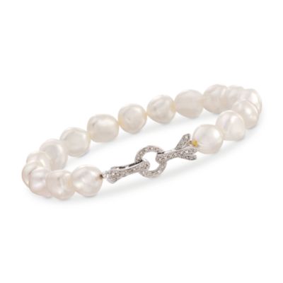 8.5-9mm Pearl and .10 ct. t.w. Diamond Bracelet in Sterling Silver. 8.25" &mdash; Alt Image 1