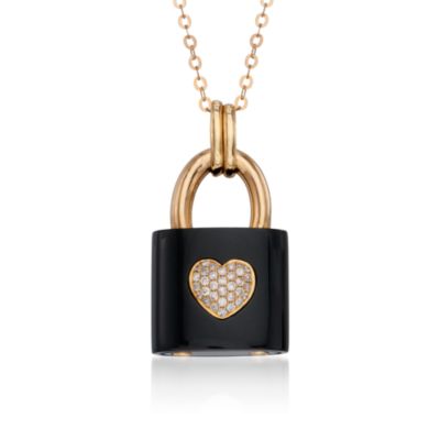 Black Agate and Diamond Padlock Necklace In 18kt Yellow Gold. 18" &mdash; Alt Image 1