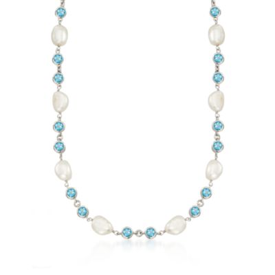 9-9.5mm Baroque Pearl and 25.00 ct. t.w. Blue Topaz Necklace in Sterling Silver. 36" &mdash; Alt Image 1