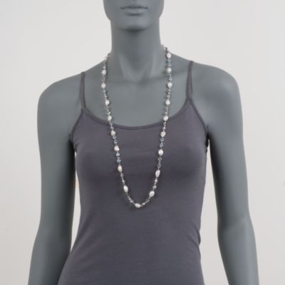 9-9.5mm Baroque Pearl and 25.00 ct. t.w. Blue Topaz Necklace in Sterling Silver. 36" &mdash; Alt Image 2