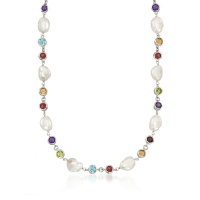 9-9.5mm Cultured Baroque Pearl and 43.50 ct. t.w. Multi-Gemstone Bead Necklace in Sterling Silver. 36" &mdash; Alt Image 1